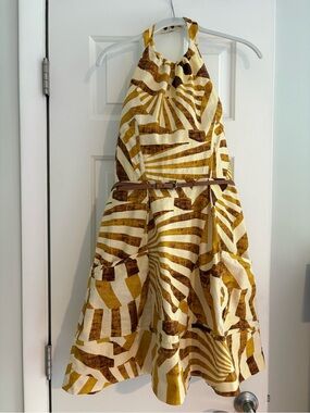 Summer Halter Dress with cute front pockets in Rays of Sunshine Abstract Print
